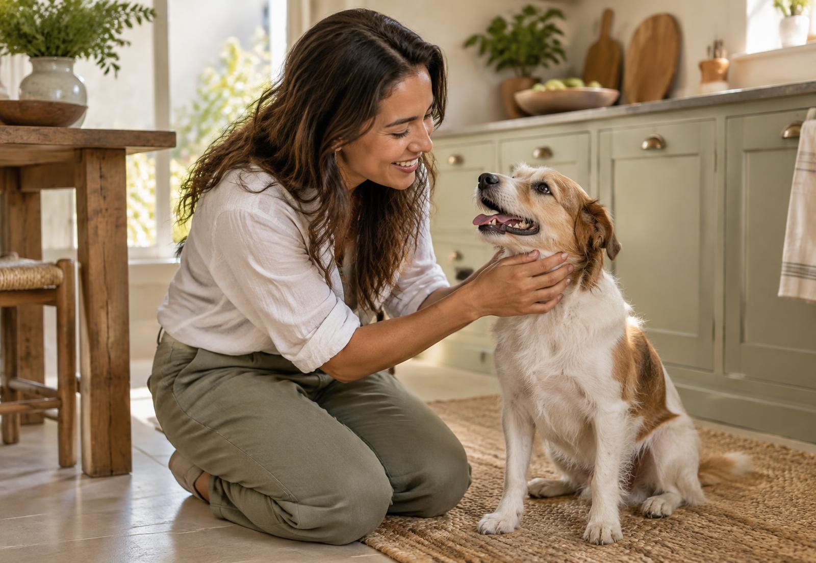 Tutora interagindo com seu cão em uma cozinha acolhedora